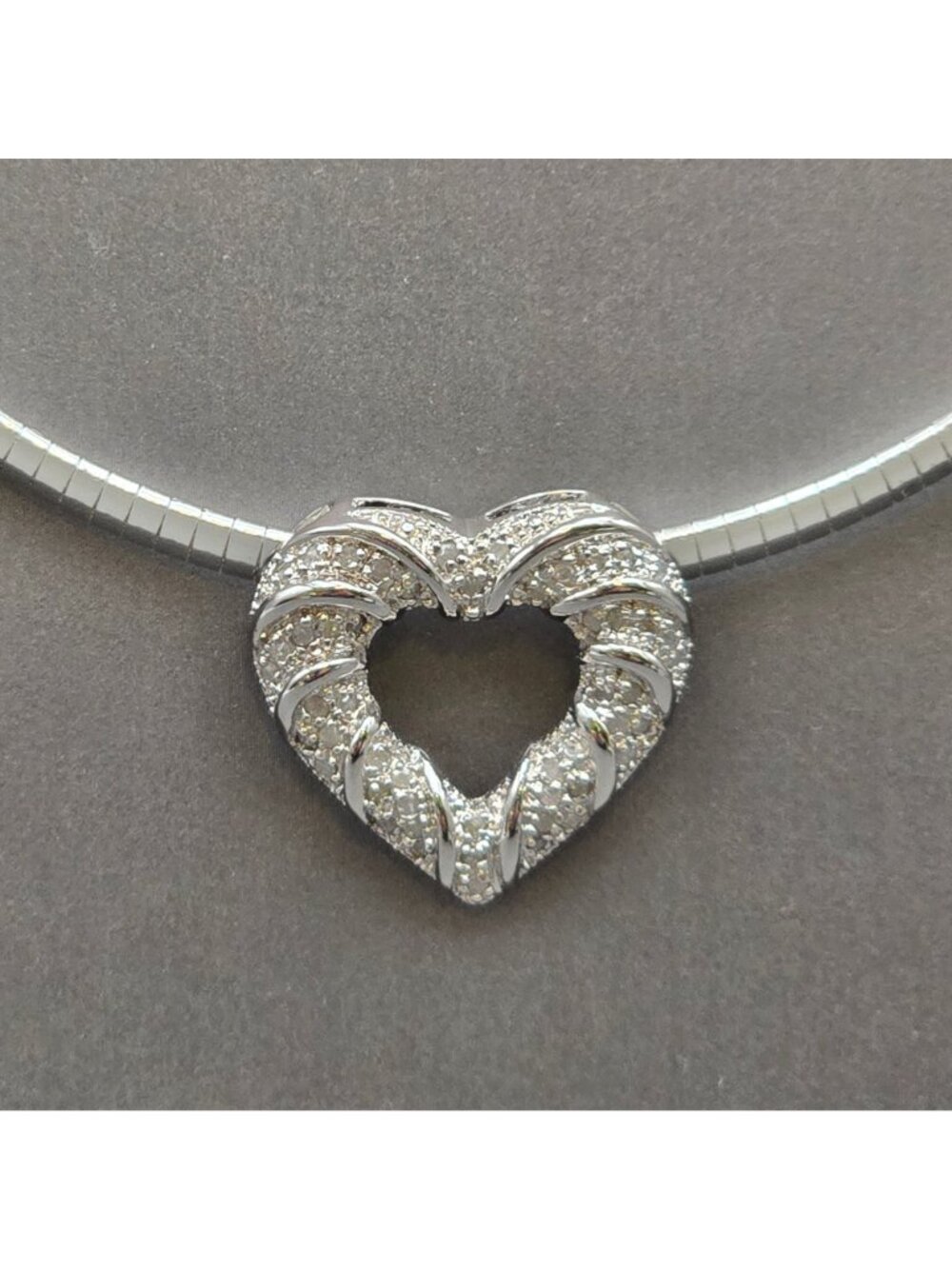 Sterling Silver Omega Chain Choker White Diamond Heart Pendant Necklace - Picture 16 of 16